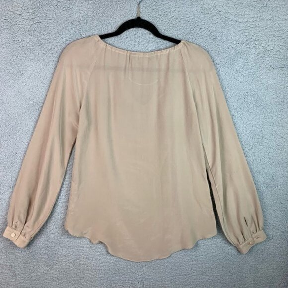 Waverly Grey Womens Blouse Beige Bishop Sleeve Keyhole Neck Ruched 100% Silk XS - Picture 2 of 9